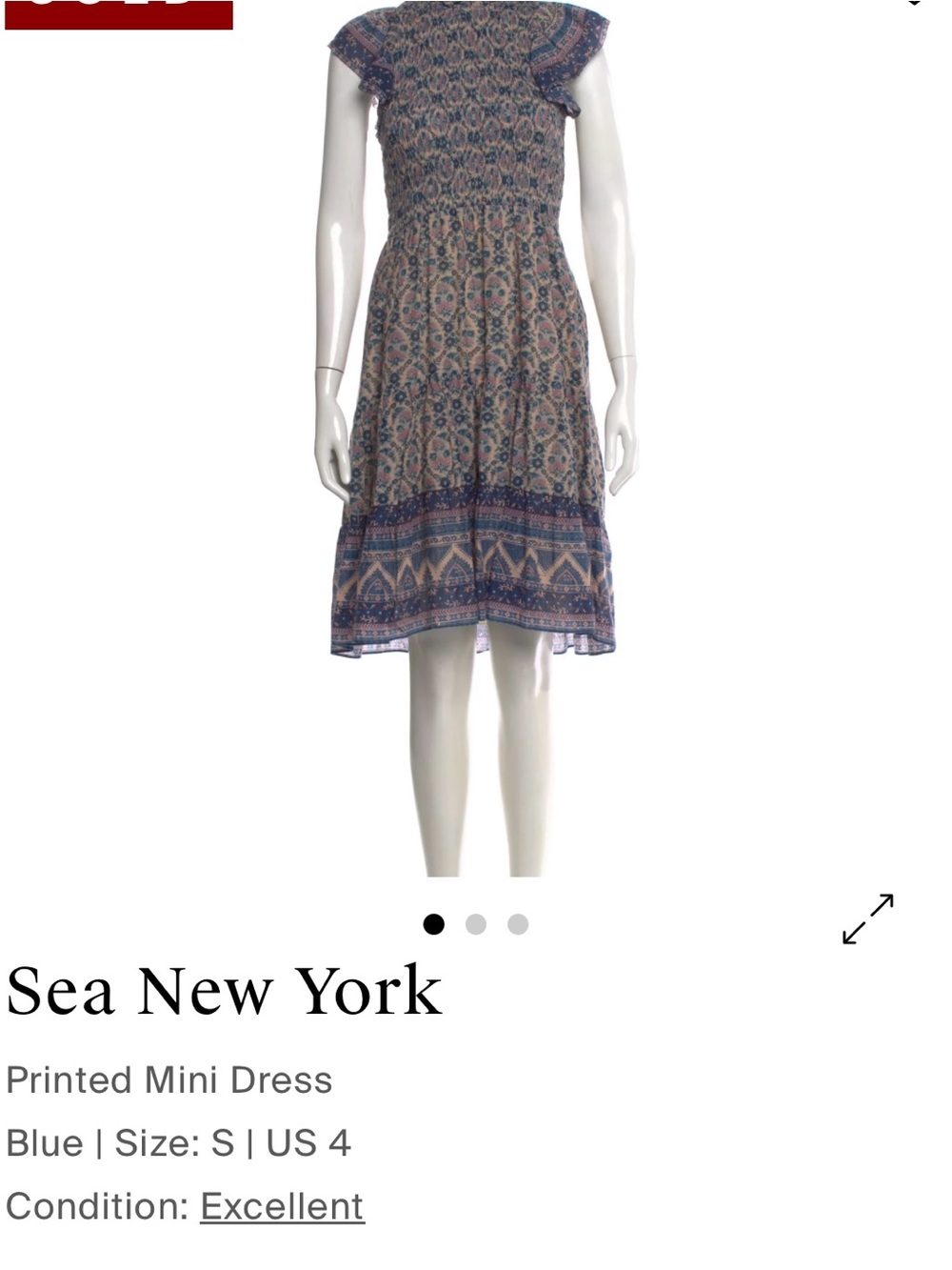 Sea New York Blue and Cream Printed Smocked Mini Dress. Small